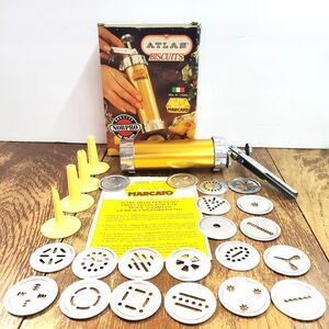 Vintage Marcato Atlas Gold Biscuits Cookie Press Maker 20 Discs 4 Tips Box Italy